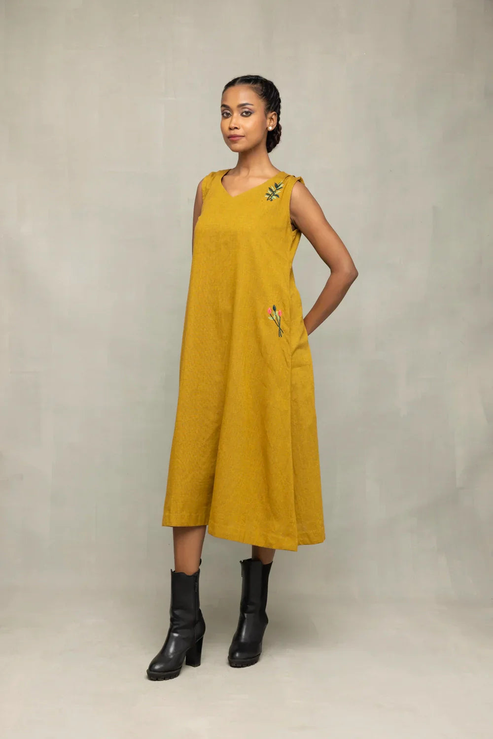 Olive Green Khadi Embriodered Dress | SHOBITAM