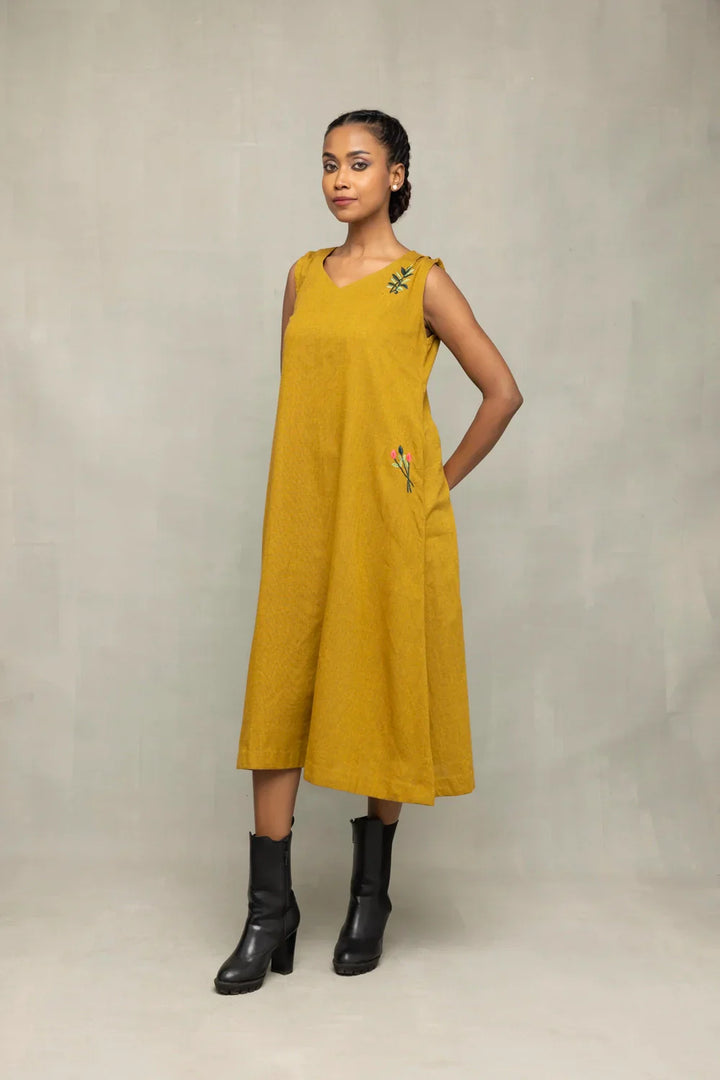 Olive Green Khadi Embriodered Dress | SHOBITAM