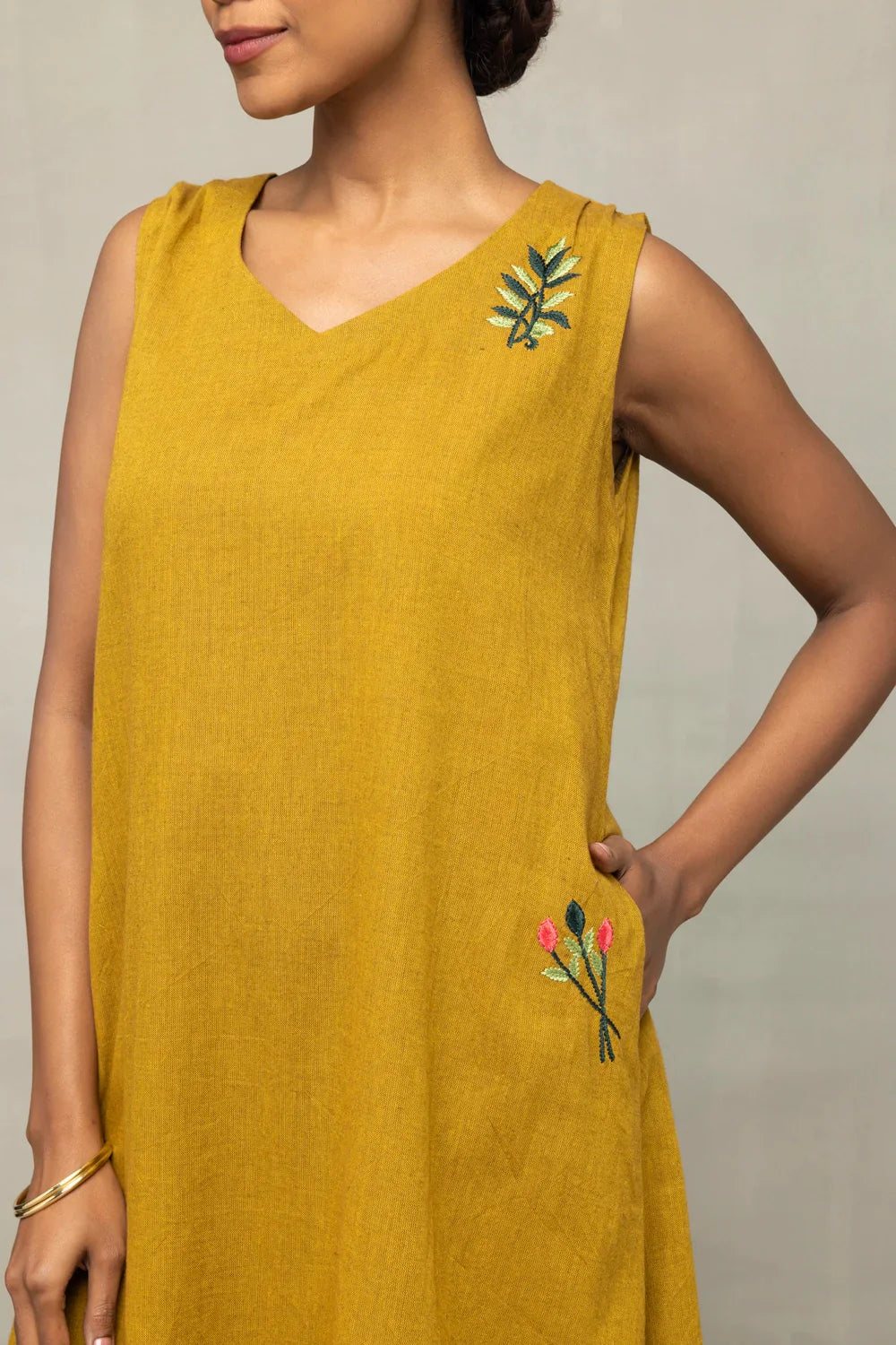 Olive Green Khadi Embriodered Dress | SHOBITAM