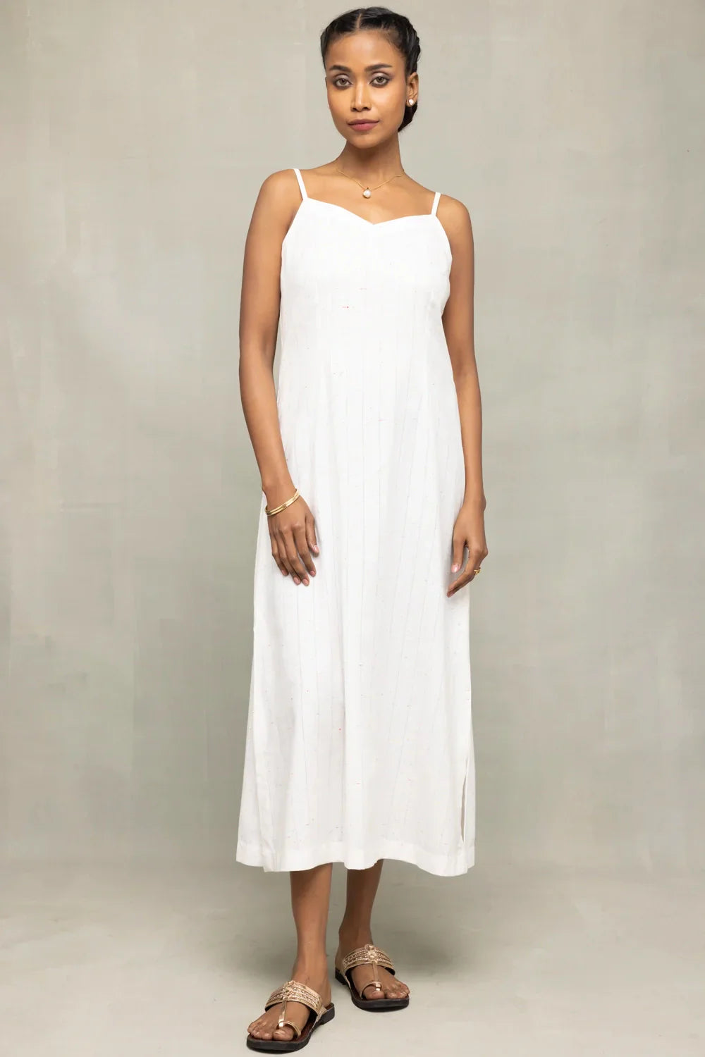 White Silver Stripe Pure Cotton Dress | SHOBITAM