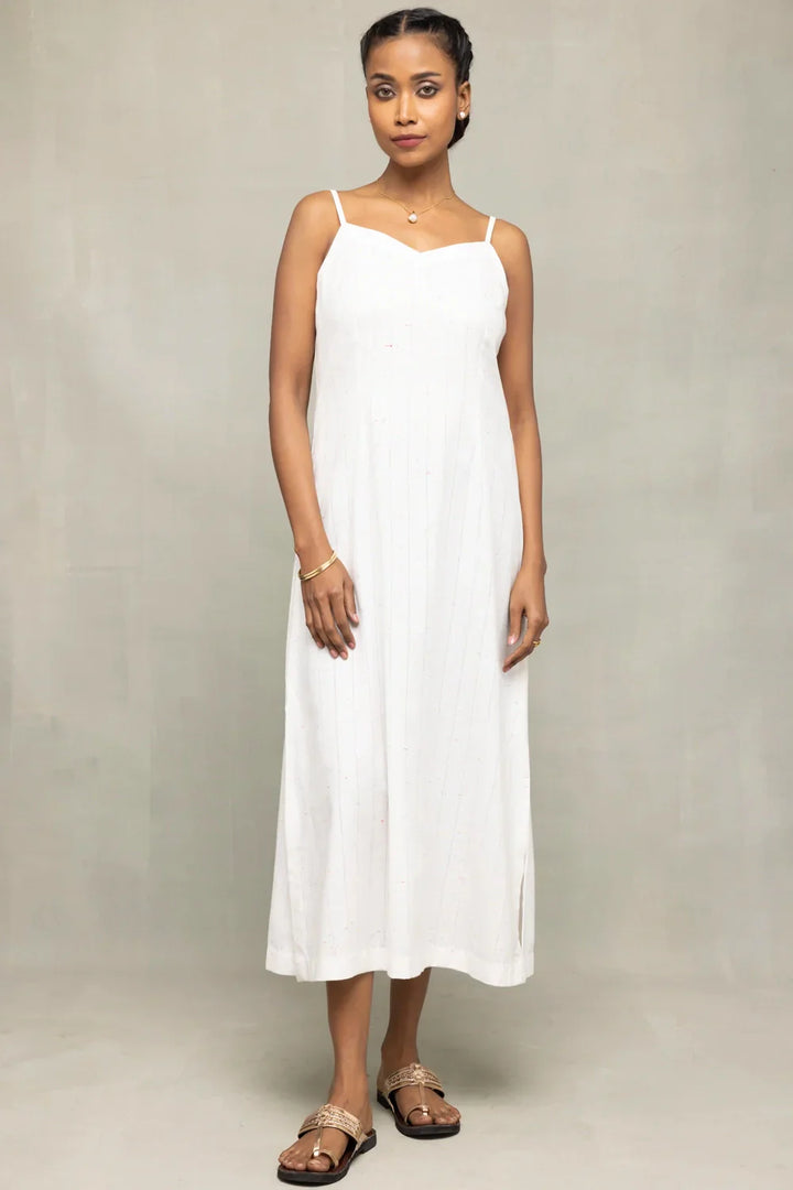 White Silver Stripe Pure Cotton Dress | SHOBITAM