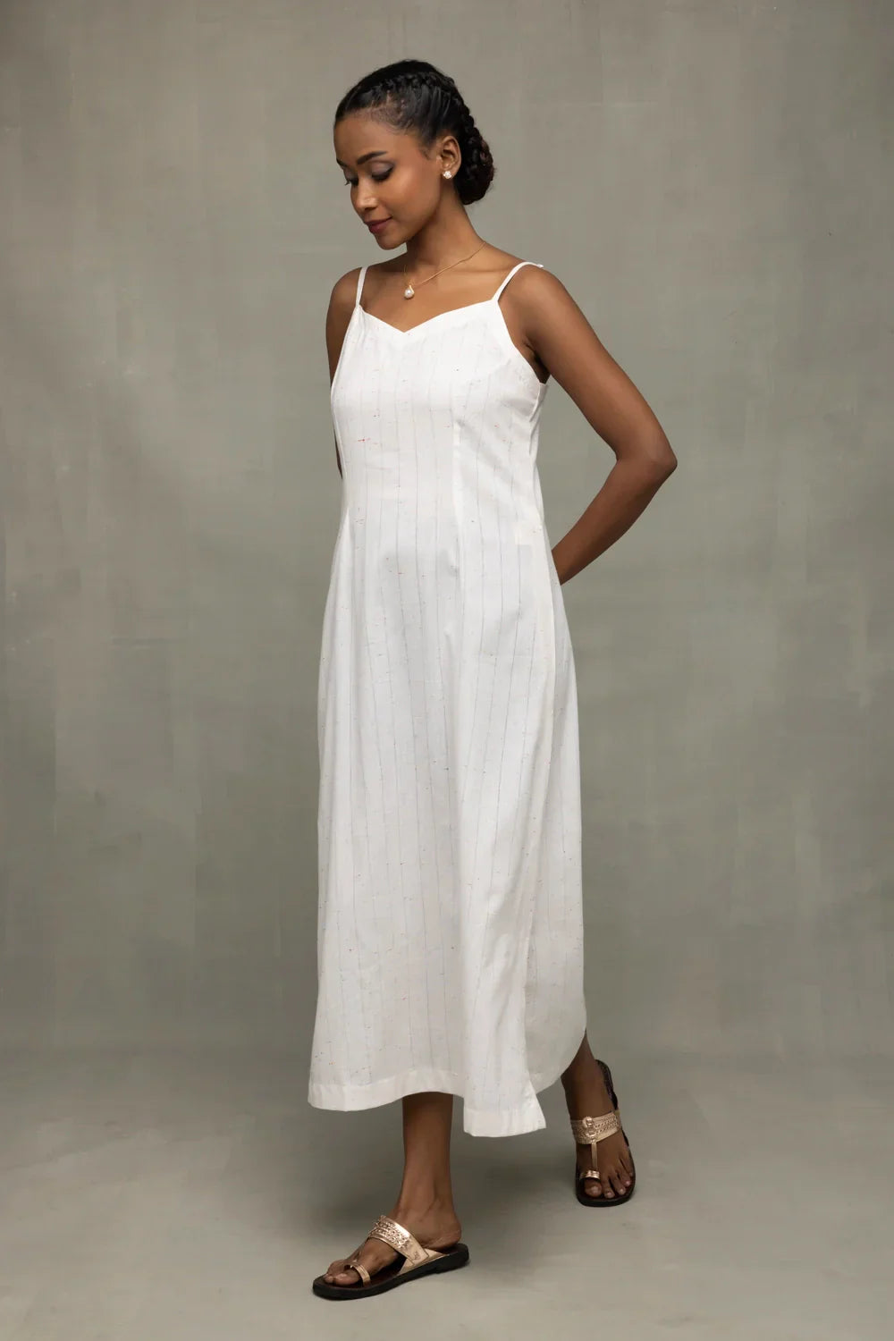 White Silver Stripe Pure Cotton Dress | SHOBITAM