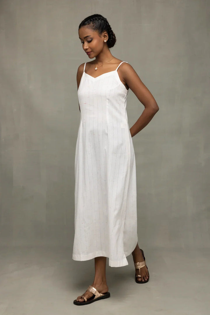 White Silver Stripe Pure Cotton Dress | SHOBITAM