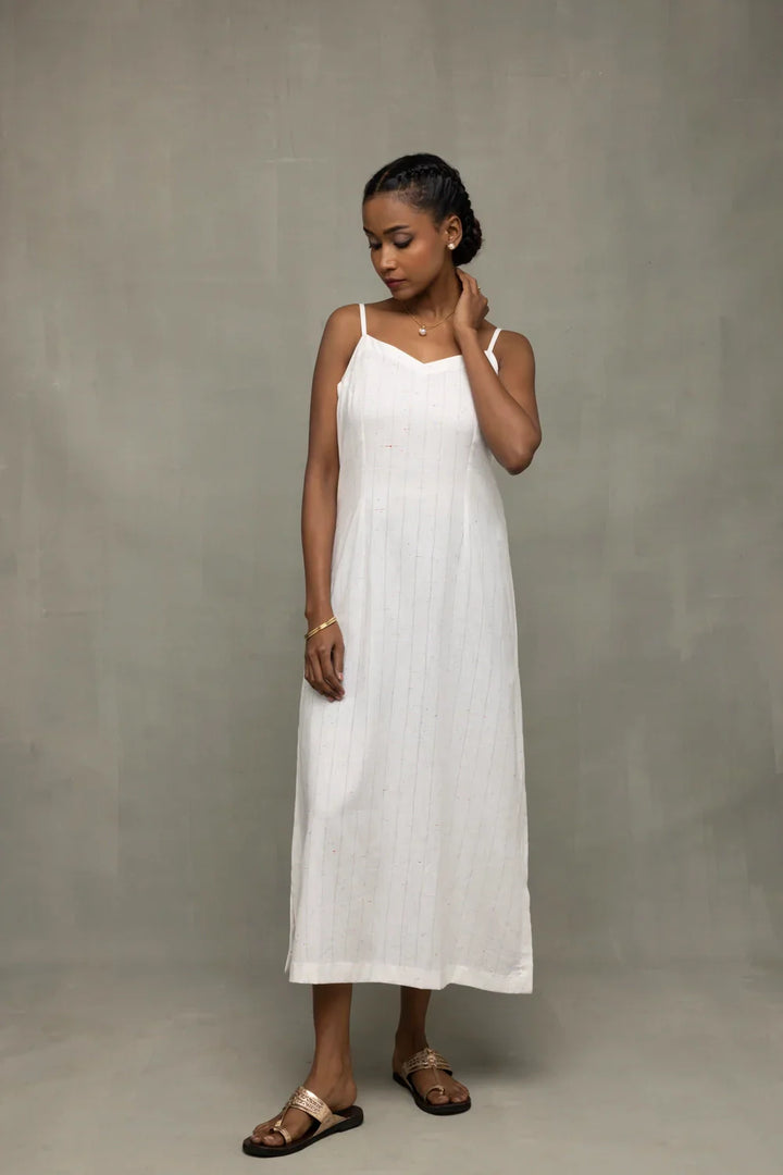 White Silver Stripe Pure Cotton Dress | SHOBITAM