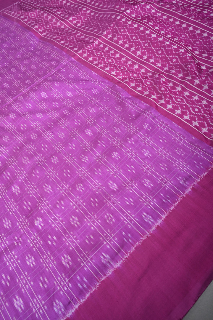 Purple Checks on Pochampally Ikkat Pure Silk Saree with Geometric Design and Border | SILK MARK CERTIFIED | SHOBITAM