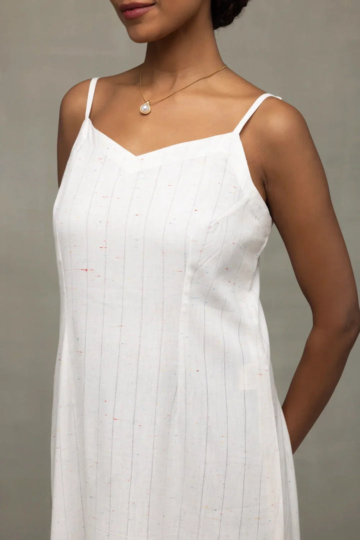 White Silver Stripe Pure Cotton Dress | SHOBITAM