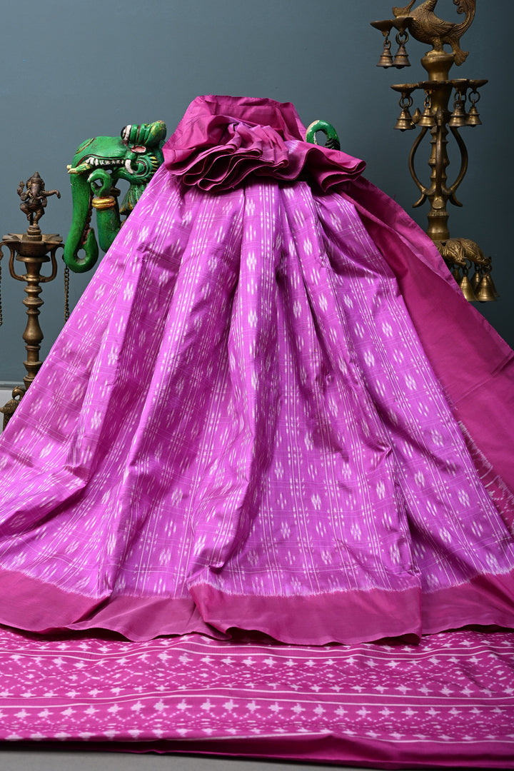 Purple Checks on Pochampally Ikkat Pure Silk Saree with Geometric Design and Border | SILK MARK CERTIFIED | SHOBITAM