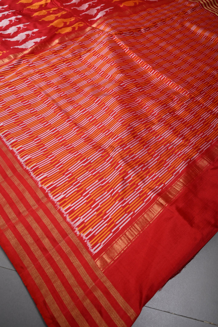 Red Pochampally Ikkat Pure Silk Saree with Bharatanatyam Motifs and Tissue Stripes Border | SILK MARK CERTIFIED | SHOBITAM