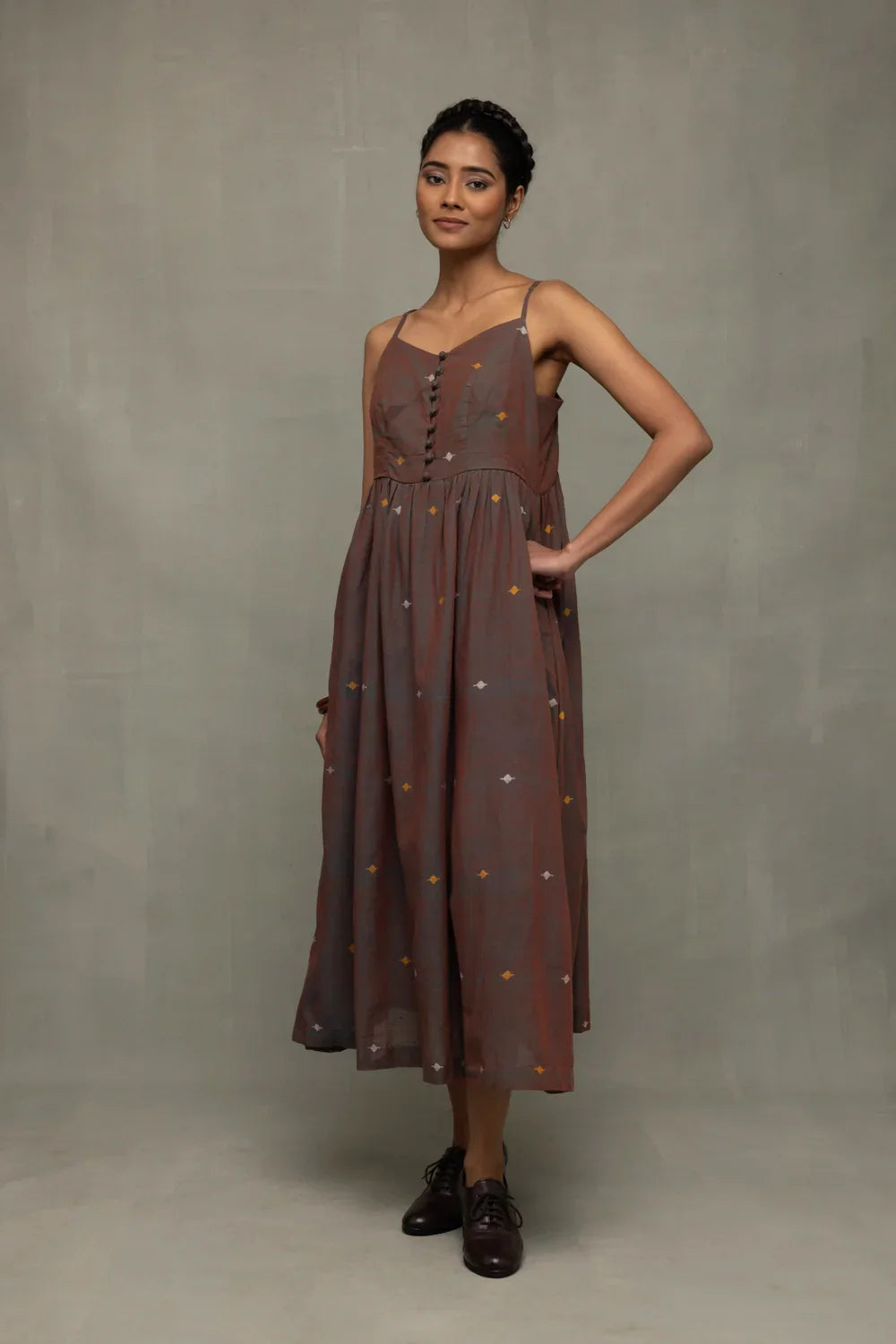 Brown Duo Tone Jamdani Hand-Woven Midi Dress | SHOBITAM
