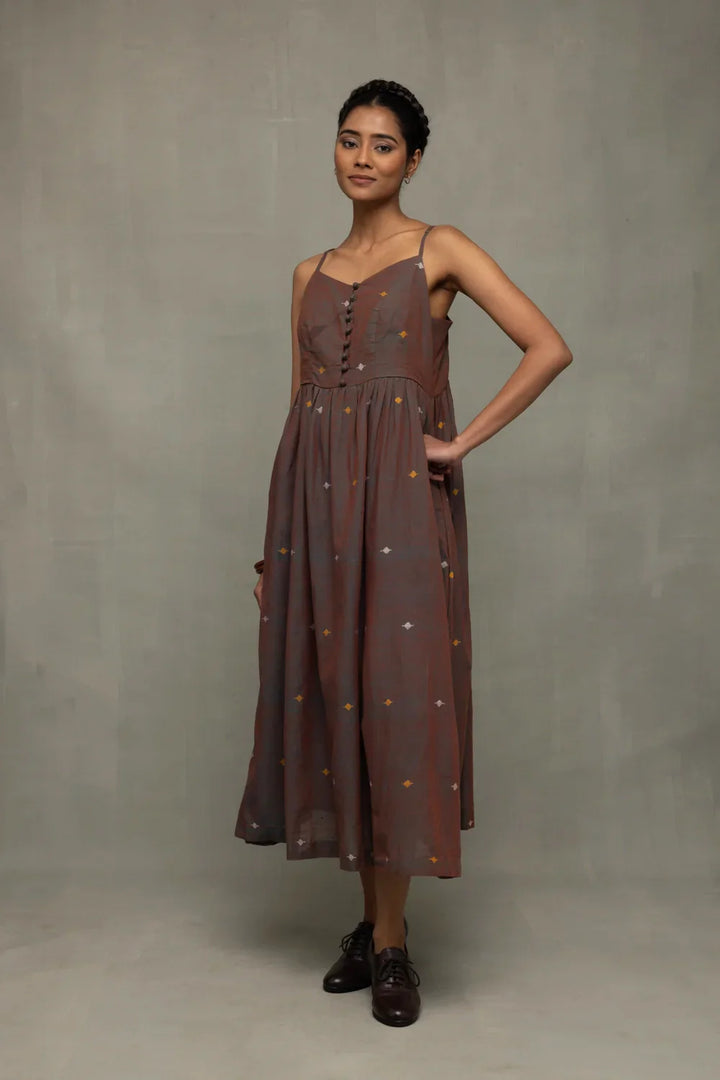 Brown Duo Tone Jamdani Hand-Woven Midi Dress | SHOBITAM