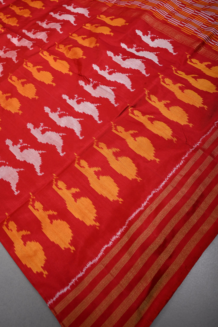 Red Pochampally Ikkat Pure Silk Saree with Bharatanatyam Motifs and Tissue Stripes Border | SILK MARK CERTIFIED | SHOBITAM