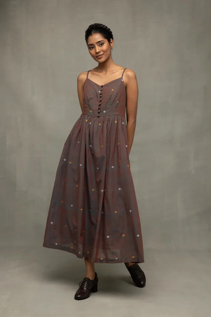 Brown Duo Tone Jamdani Hand-Woven Midi Dress | SHOBITAM