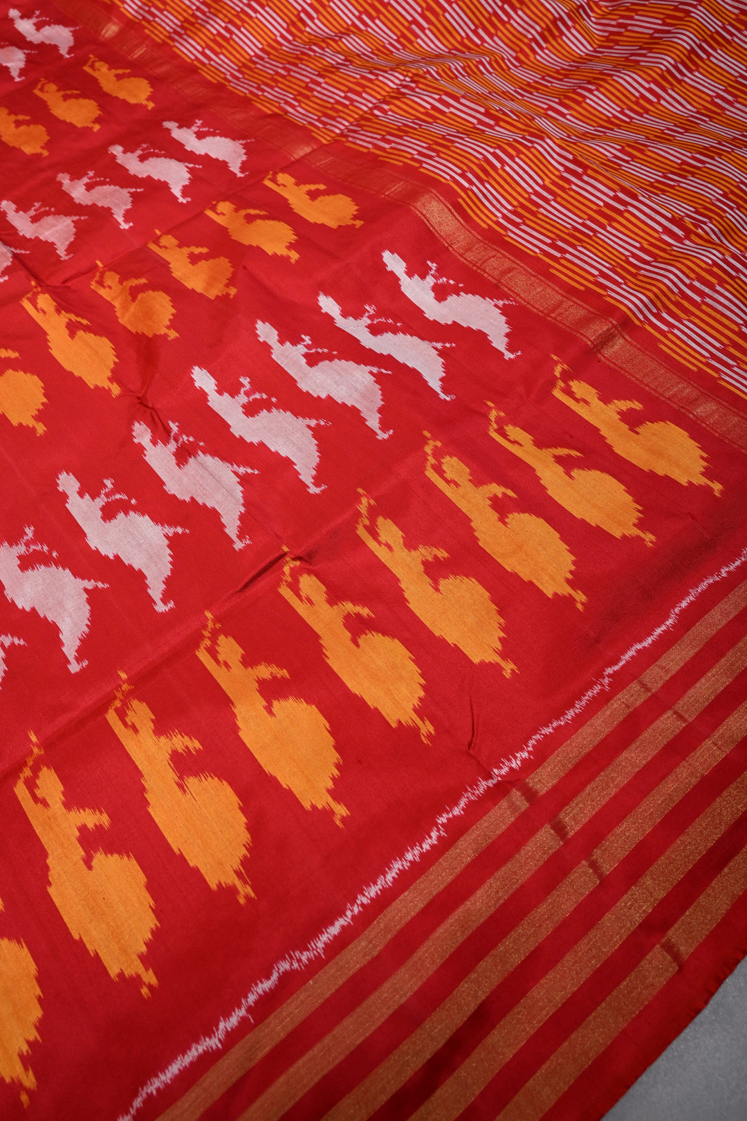 Red Pochampally Ikkat Pure Silk Saree with Bharatanatyam Motifs and Tissue Stripes Border | SILK MARK CERTIFIED | SHOBITAM