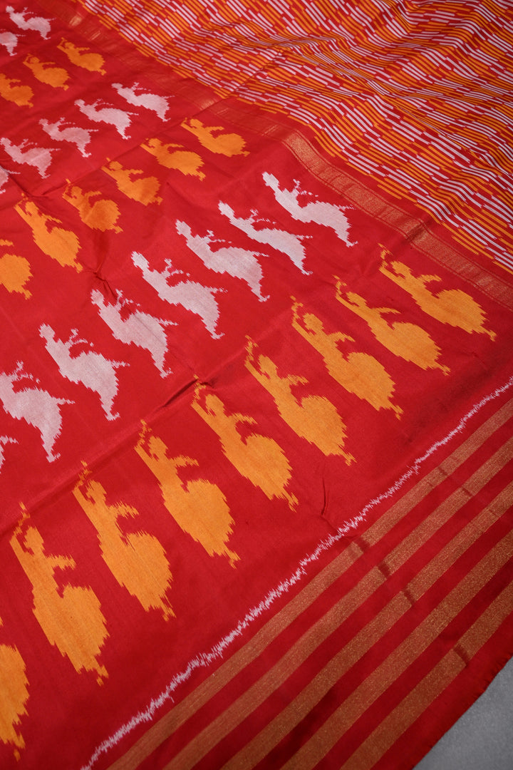 Red Pochampally Ikkat Pure Silk Saree with Bharatanatyam Motifs and Tissue Stripes Border | SILK MARK CERTIFIED | SHOBITAM