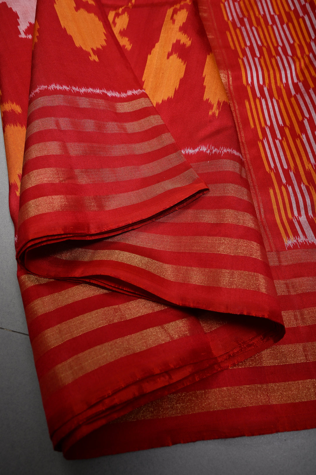 Red Pochampally Ikkat Pure Silk Saree with Bharatanatyam Motifs and Tissue Stripes Border | SILK MARK CERTIFIED | SHOBITAM