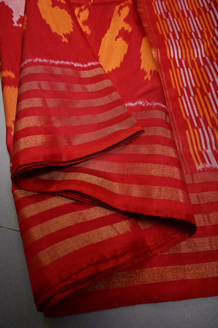 Red Pochampally Ikkat Pure Silk Saree with Bharatanatyam Motifs and Tissue Stripes Border | SILK MARK CERTIFIED | SHOBITAM