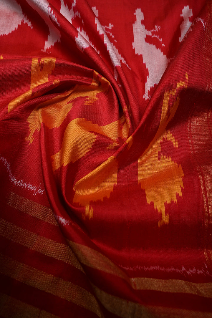 Red Pochampally Ikkat Pure Silk Saree with Bharatanatyam Motifs and Tissue Stripes Border | SILK MARK CERTIFIED | SHOBITAM
