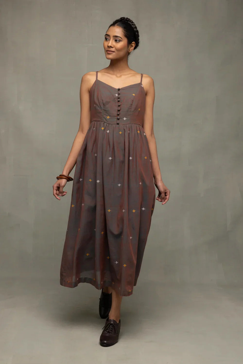 Brown Duo Tone Jamdani Hand-Woven Midi Dress | SHOBITAM