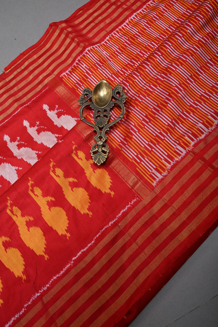 Red Pochampally Ikkat Pure Silk Saree with Bharatanatyam Motifs and Tissue Stripes Border | SILK MARK CERTIFIED | SHOBITAM