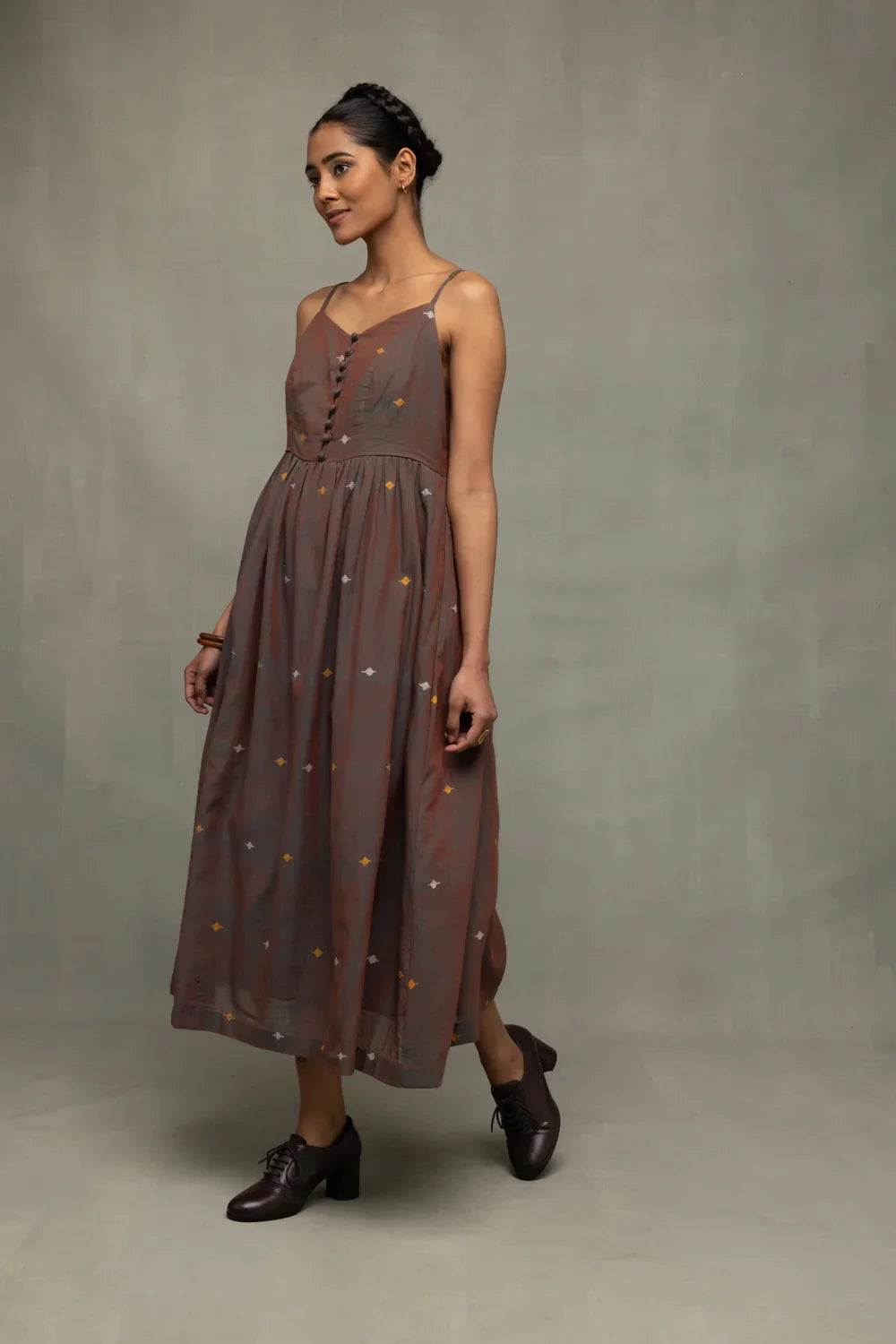 Brown Duo Tone Jamdani Hand-Woven Midi Dress | SHOBITAM