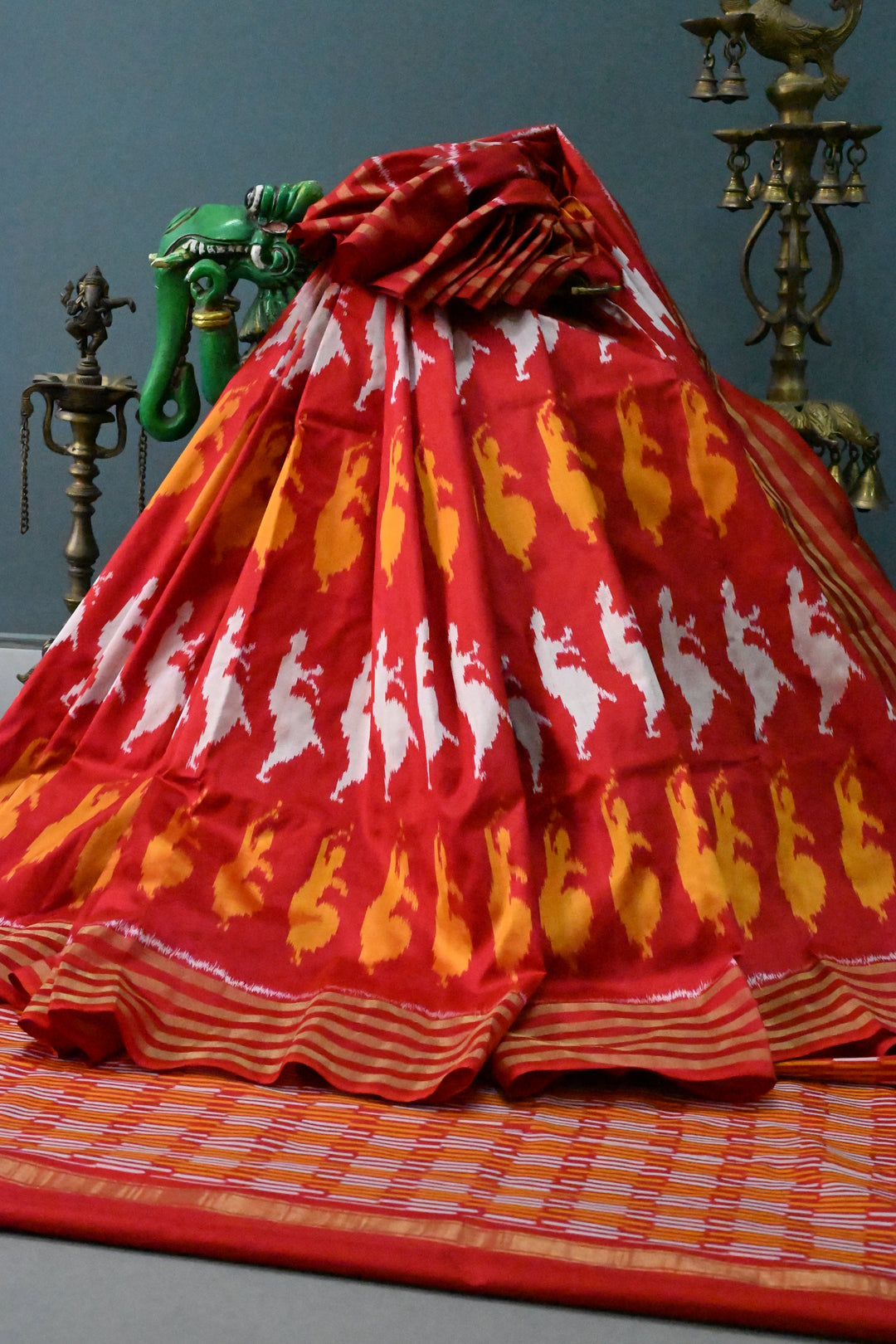 Red Pochampally Ikkat Pure Silk Saree with Bharatanatyam Motifs and Tissue Stripes Border | SILK MARK CERTIFIED | SHOBITAM