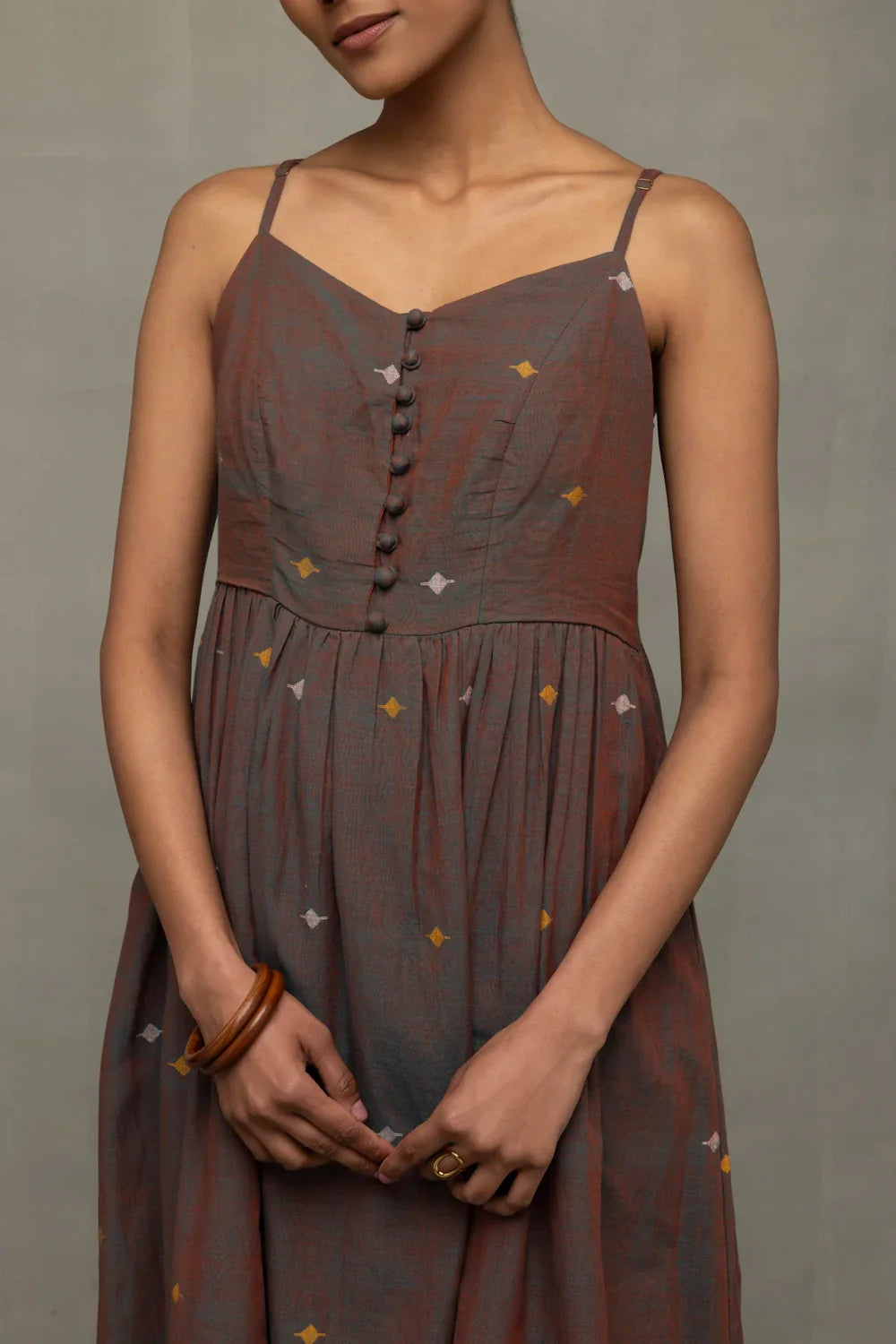Brown Duo Tone Jamdani Hand-Woven Midi Dress | SHOBITAM