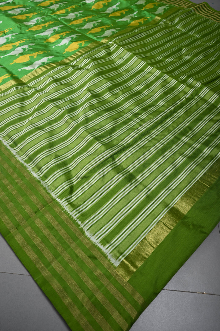 Parrot Green Pochampally Ikkat Pure Silk Saree with Meenakari Dancing Ladies Design and Stripes Zari Border | SILK MARK CERTIFIED | SHOBITAM