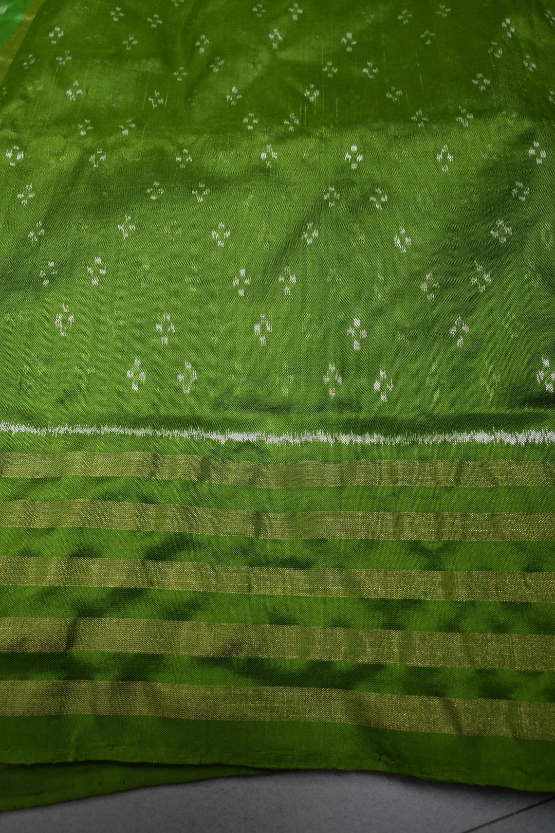 Parrot Green Pochampally Ikkat Pure Silk Saree with Meenakari Dancing Ladies Design and Stripes Zari Border | SILK MARK CERTIFIED | SHOBITAM