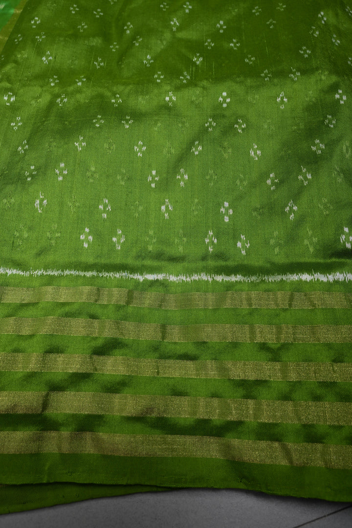 Parrot Green Pochampally Ikkat Pure Silk Saree with Meenakari Dancing Ladies Design and Stripes Zari Border | SILK MARK CERTIFIED | SHOBITAM