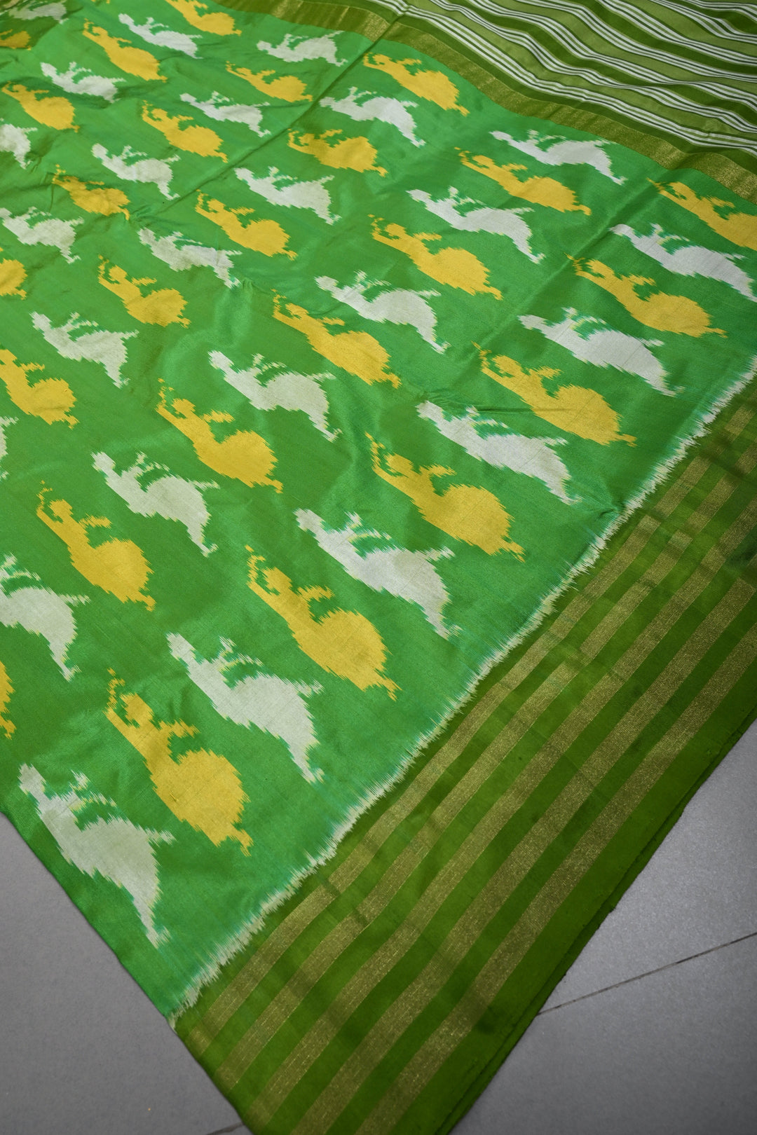 Parrot Green Pochampally Ikkat Pure Silk Saree with Meenakari Dancing Ladies Design and Stripes Zari Border | SILK MARK CERTIFIED | SHOBITAM