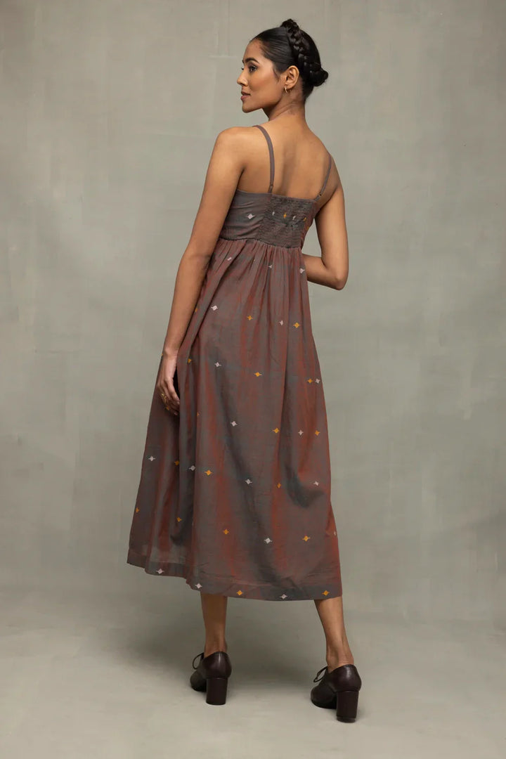 Brown Duo Tone Jamdani Hand-Woven Midi Dress | SHOBITAM