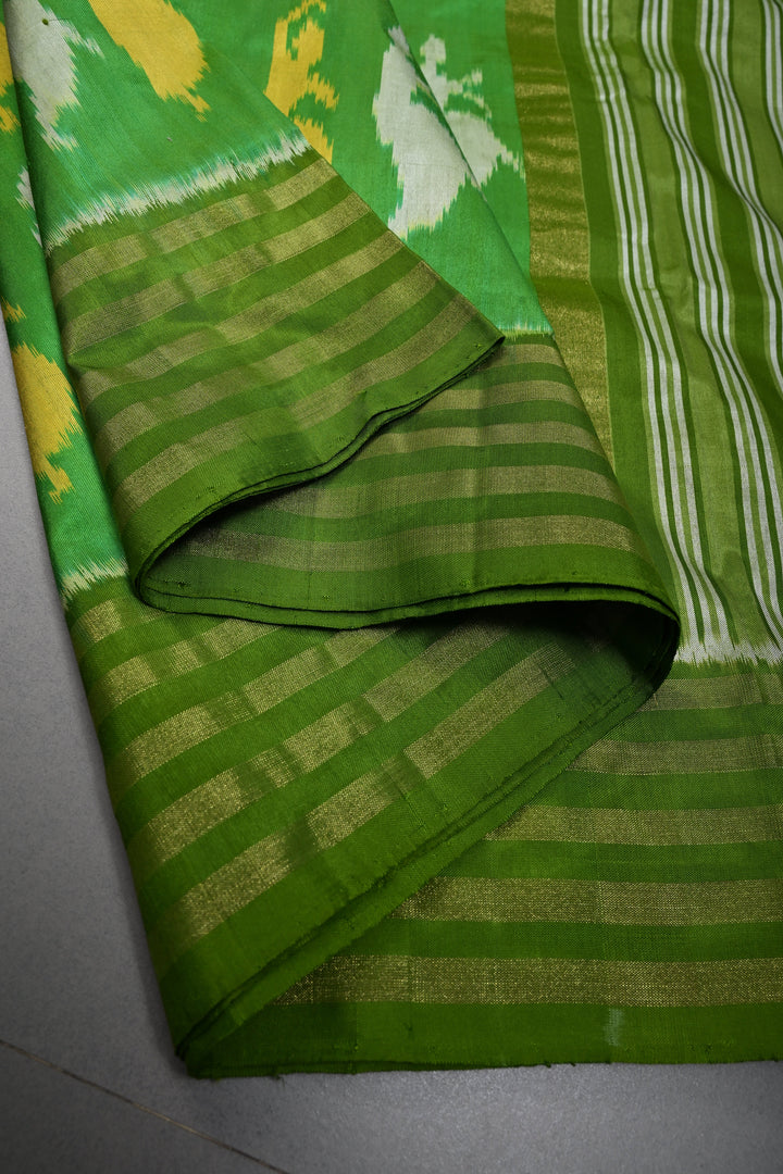 Parrot Green Pochampally Ikkat Pure Silk Saree with Meenakari Dancing Ladies Design and Stripes Zari Border | SILK MARK CERTIFIED | SHOBITAM
