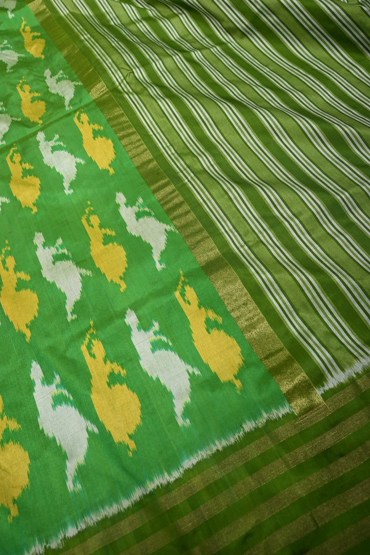 Parrot Green Pochampally Ikkat Pure Silk Saree with Meenakari Dancing Ladies Design and Stripes Zari Border | SILK MARK CERTIFIED | SHOBITAM