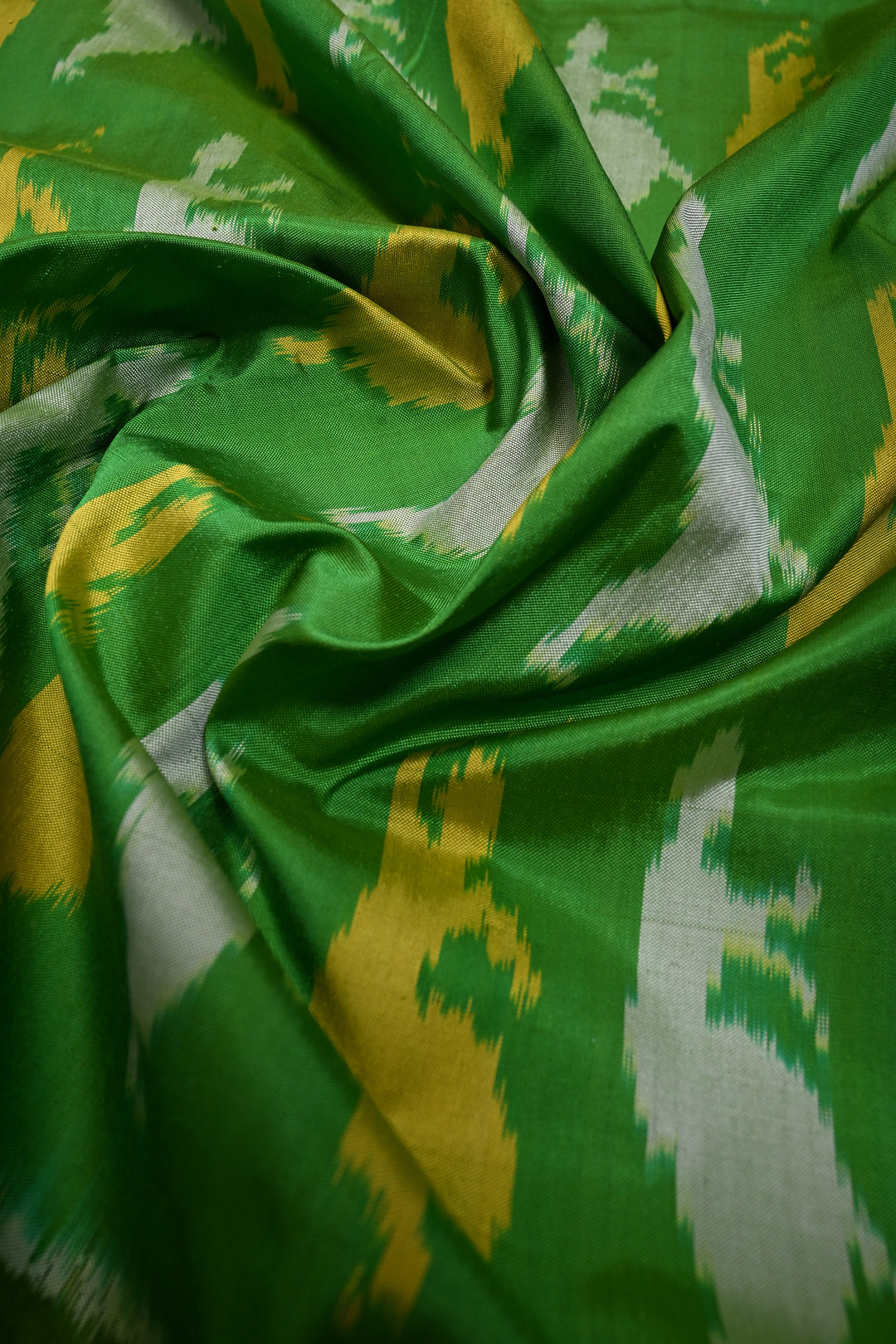 Parrot Green Pochampally Ikkat Pure Silk Saree with Meenakari Dancing Ladies Design and Stripes Zari Border | SILK MARK CERTIFIED | SHOBITAM