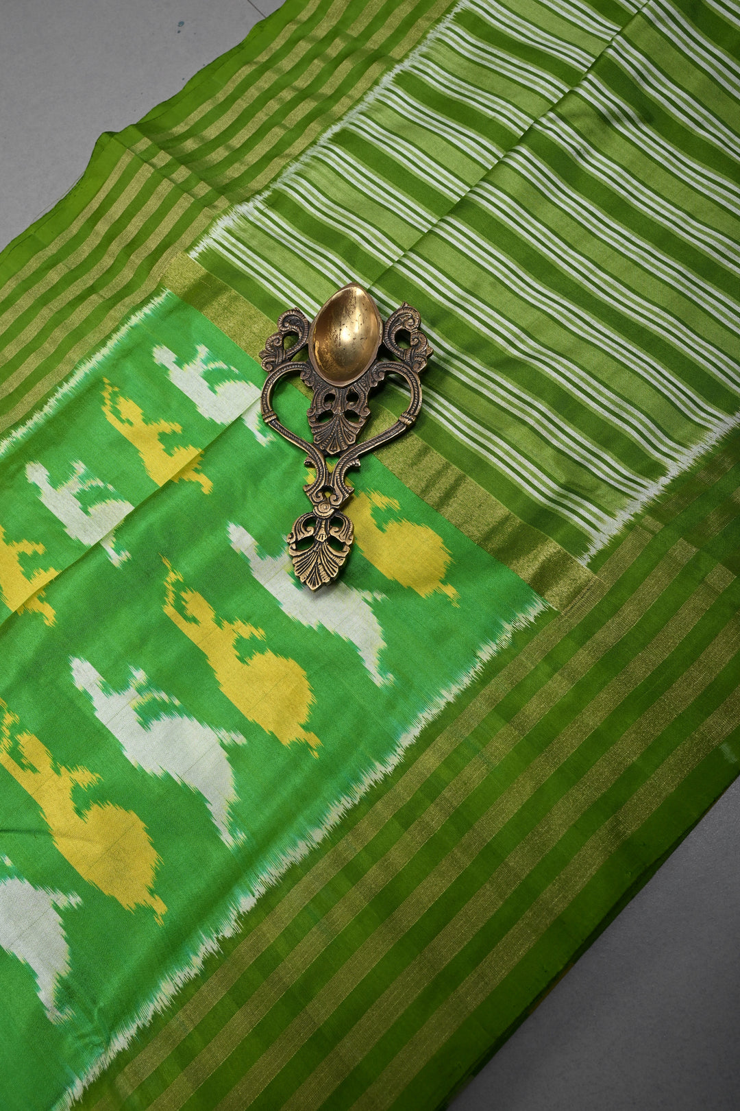 Parrot Green Pochampally Ikkat Pure Silk Saree with Meenakari Dancing Ladies Design and Stripes Zari Border | SILK MARK CERTIFIED | SHOBITAM