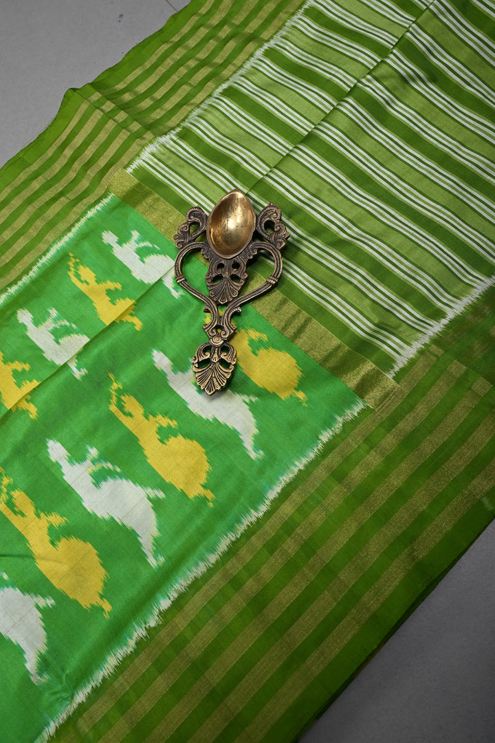 Parrot Green Pochampally Ikkat Pure Silk Saree with Meenakari Dancing Ladies Design and Stripes Zari Border | SILK MARK CERTIFIED | SHOBITAM