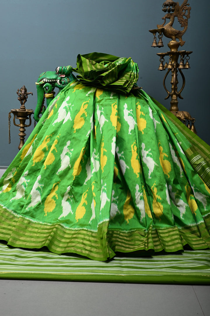 Parrot Green Pochampally Ikkat Pure Silk Saree with Meenakari Dancing Ladies Design and Stripes Zari Border | SILK MARK CERTIFIED | SHOBITAM