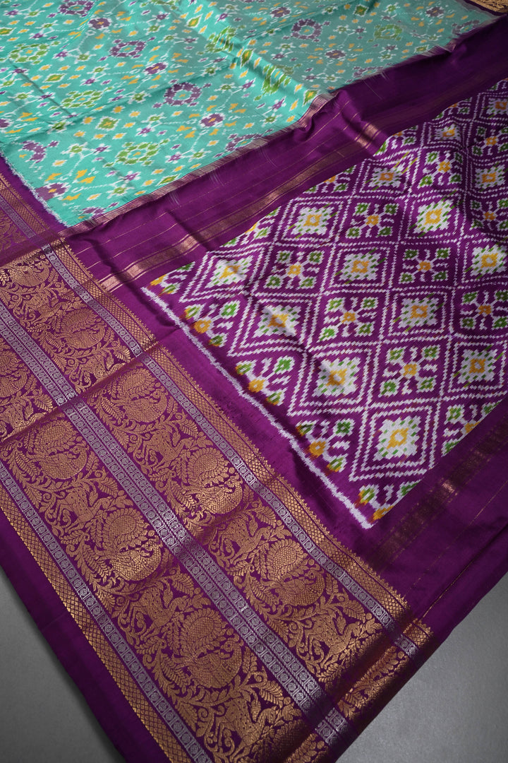 Mint Green Pochampally Ikkat Pure Silk Fusion Saree with Geometric Brocade and Contrast Kanjivaram Zari Border | SILK MARK CERTIFIED | SHOBITAM