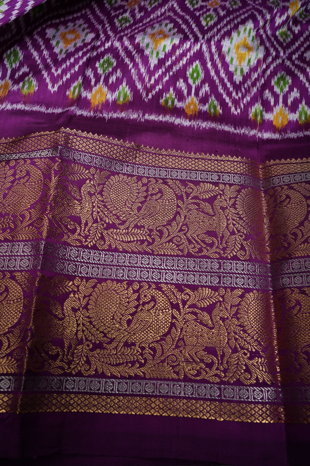 Mint Green Pochampally Ikkat Pure Silk Fusion Saree with Geometric Brocade and Contrast Kanjivaram Zari Border | SILK MARK CERTIFIED | SHOBITAM