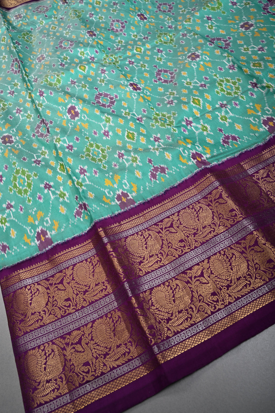 Mint Green Pochampally Ikkat Pure Silk Fusion Saree with Geometric Brocade and Contrast Kanjivaram Zari Border | SILK MARK CERTIFIED | SHOBITAM