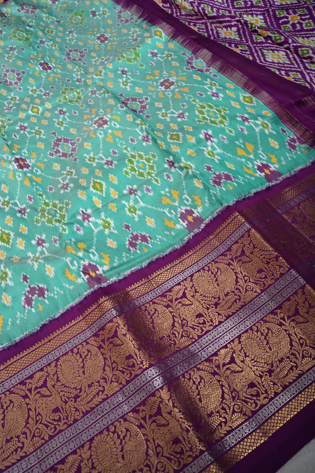 Mint Green Pochampally Ikkat Pure Silk Fusion Saree with Geometric Brocade and Contrast Kanjivaram Zari Border | SILK MARK CERTIFIED | SHOBITAM