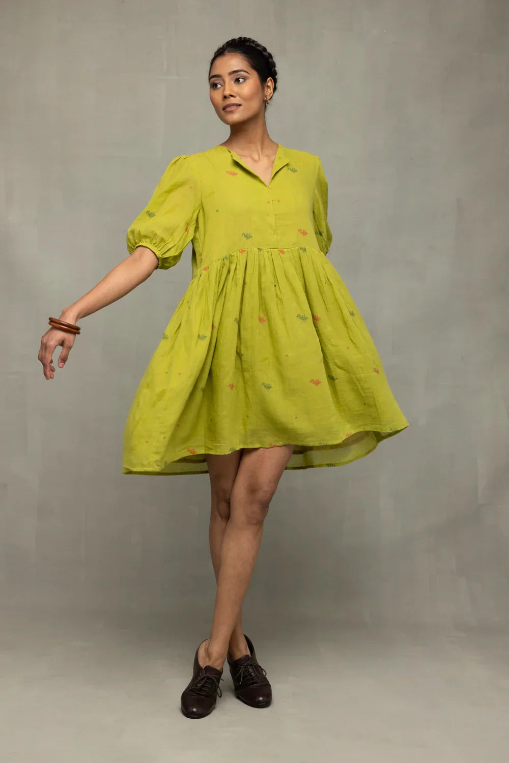 Green Pakhi Pure Cotton Jamdani Dress | SHOBITAM