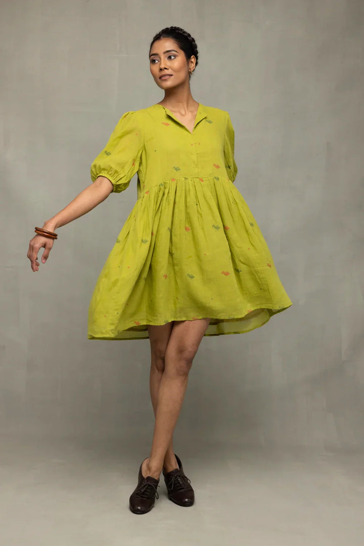 Green Pakhi Pure Cotton Jamdani Dress | SHOBITAM