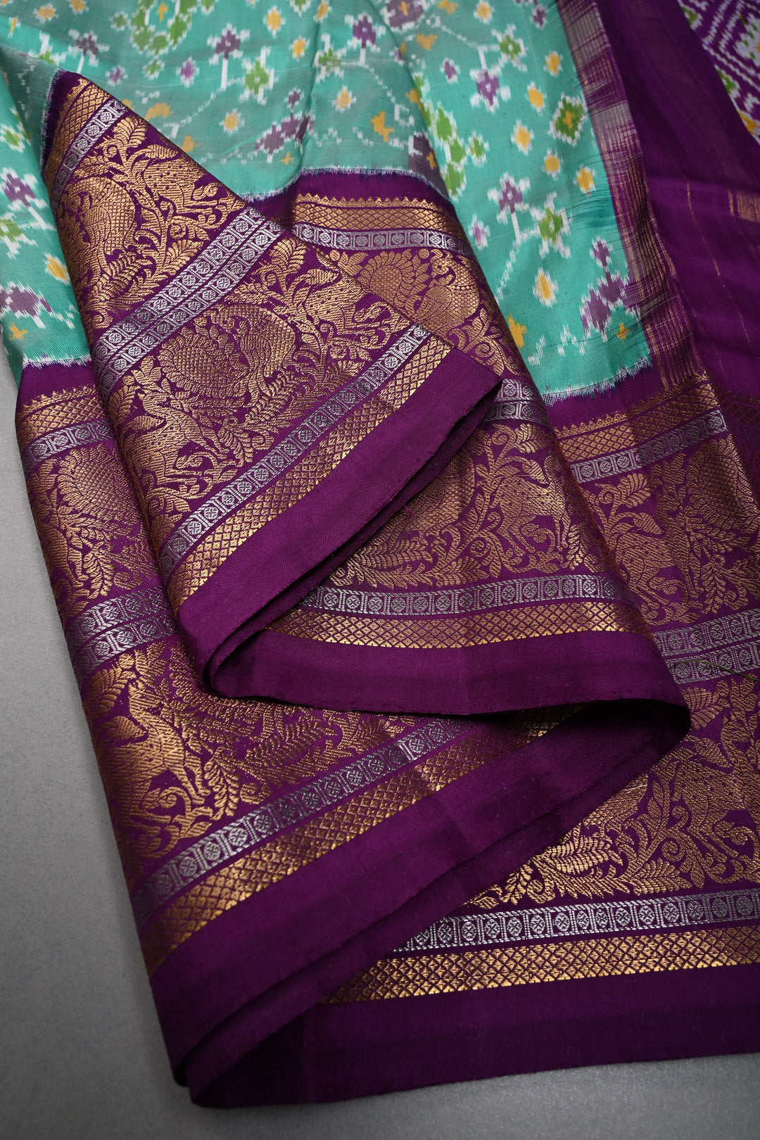 Mint Green Pochampally Ikkat Pure Silk Fusion Saree with Geometric Brocade and Contrast Kanjivaram Zari Border | SILK MARK CERTIFIED | SHOBITAM