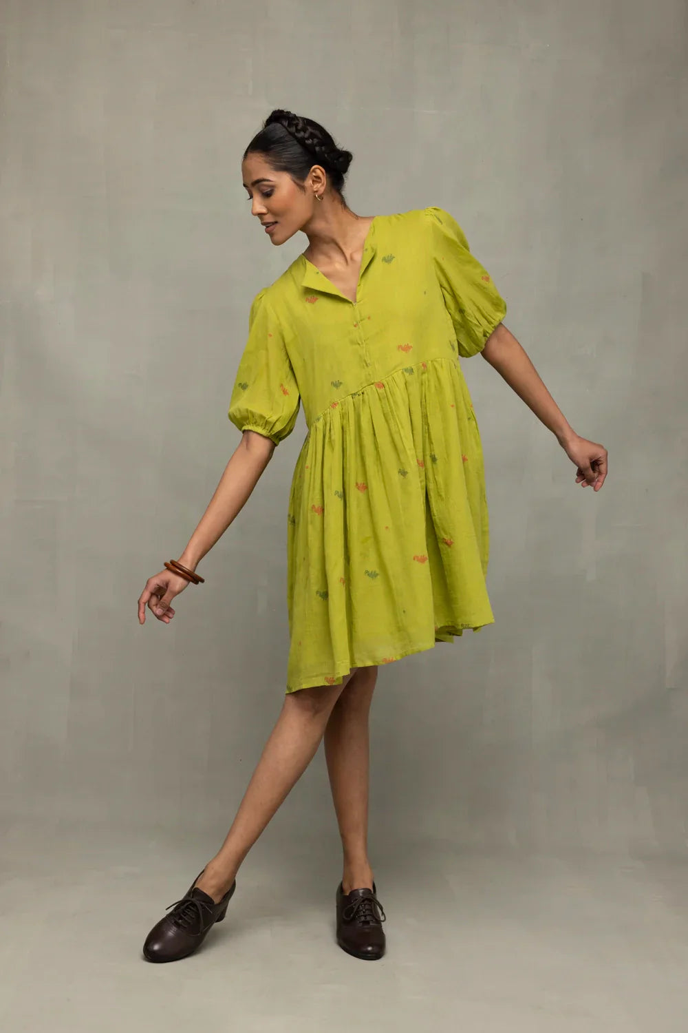 Green Pakhi Pure Cotton Jamdani Dress | SHOBITAM