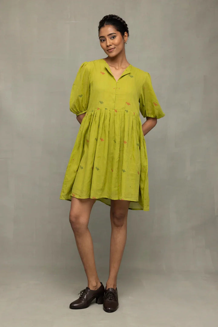 Green Pakhi Pure Cotton Jamdani Dress | SHOBITAM