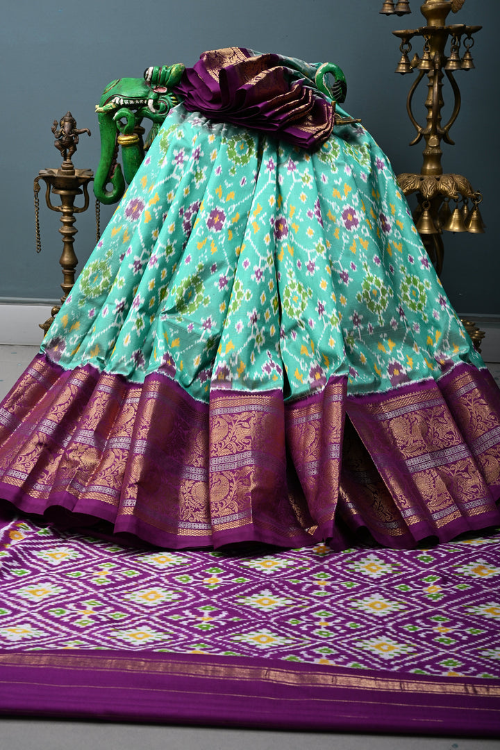 Mint Green Pochampally Ikkat Pure Silk Fusion Saree with Geometric Brocade and Contrast Kanjivaram Zari Border | SILK MARK CERTIFIED | SHOBITAM