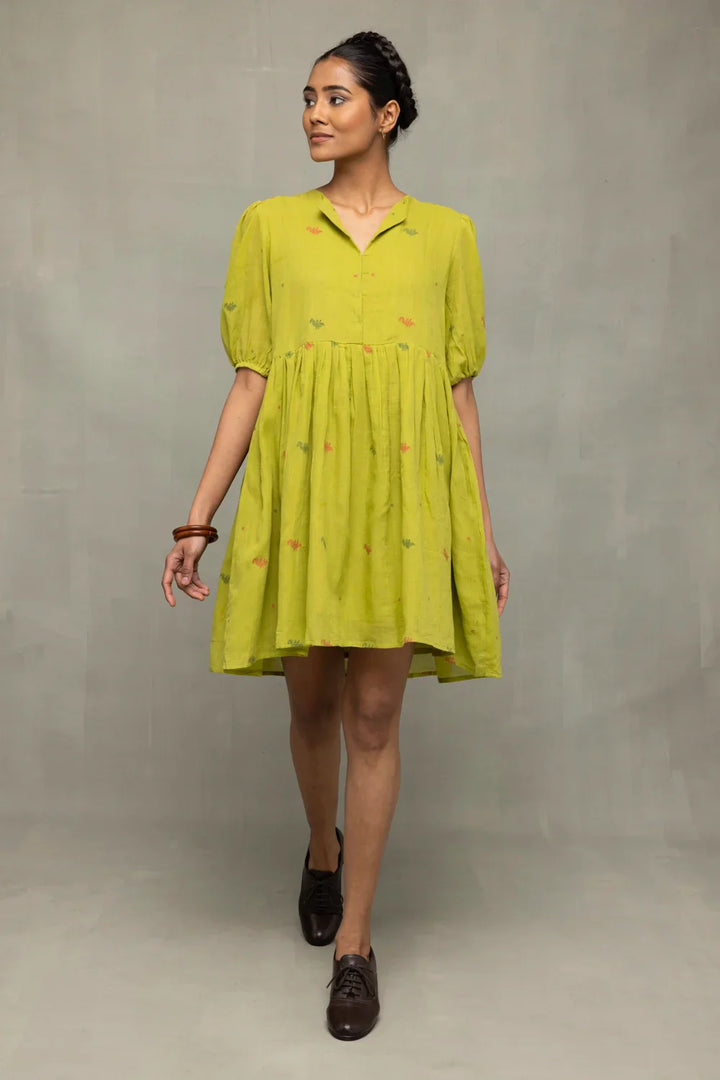 Green Pakhi Pure Cotton Jamdani Dress | SHOBITAM