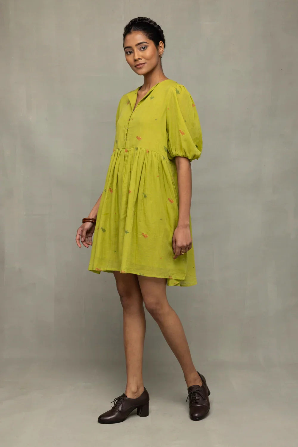Green Pakhi Pure Cotton Jamdani Dress | SHOBITAM