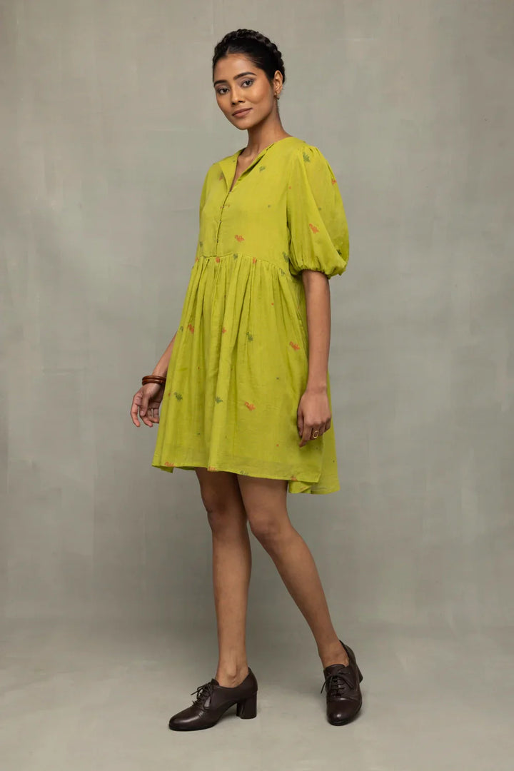 Green Pakhi Pure Cotton Jamdani Dress | SHOBITAM